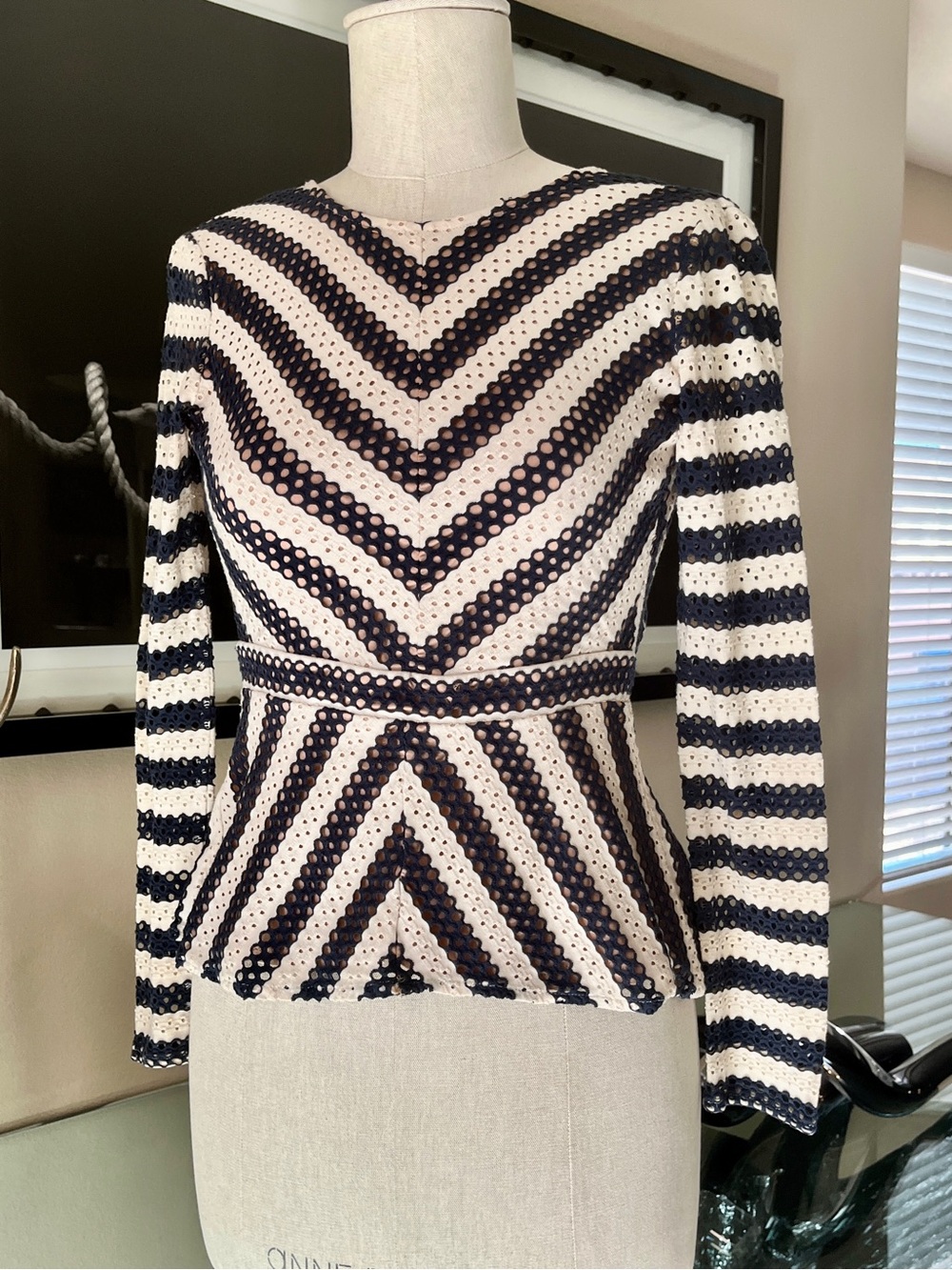 BCBGMaxAzria Navy and White Striped Openwork Crewneck Sweater
